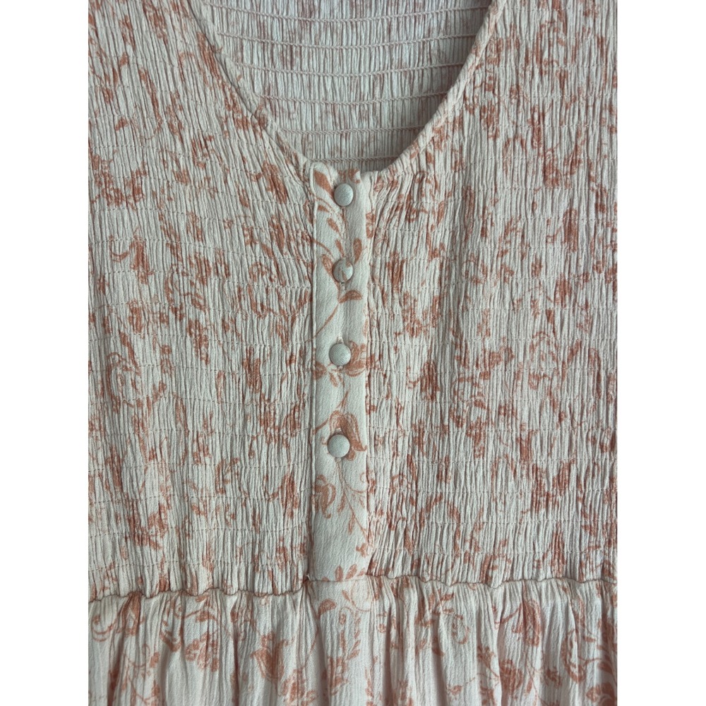 Polagram Pink Floral Smocked Midi Dress Short Flutter Sleeve V-Neck Pockets - Picture 2 of 9